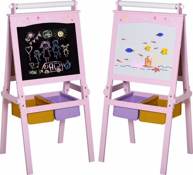 HOMCOM 3-in-1 Kids Wooden Art Easel with Paper Roll, Double-Sided Chalkboard and Whiteboard with Storage Baskets, Pink