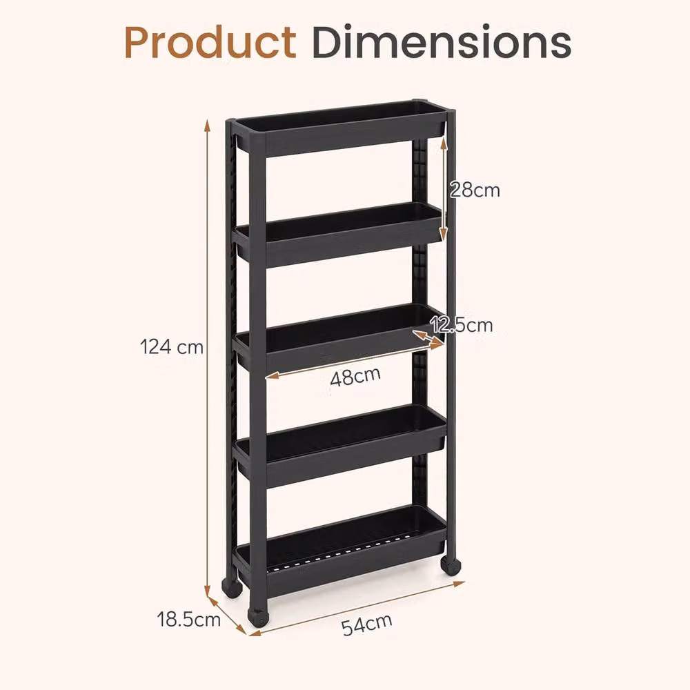 VOGREX Slim 5-Tier Space Saving Rolling Storage Cart in Black with Adjustable Shelves – 2