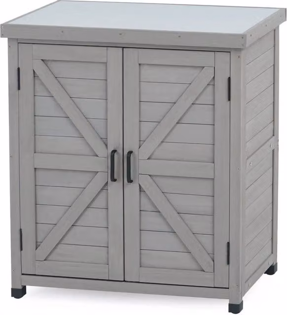 FORGEVIO Grey Wooden Garden Storage Cabinet with Hinged Doors and Internal Shelves – 1