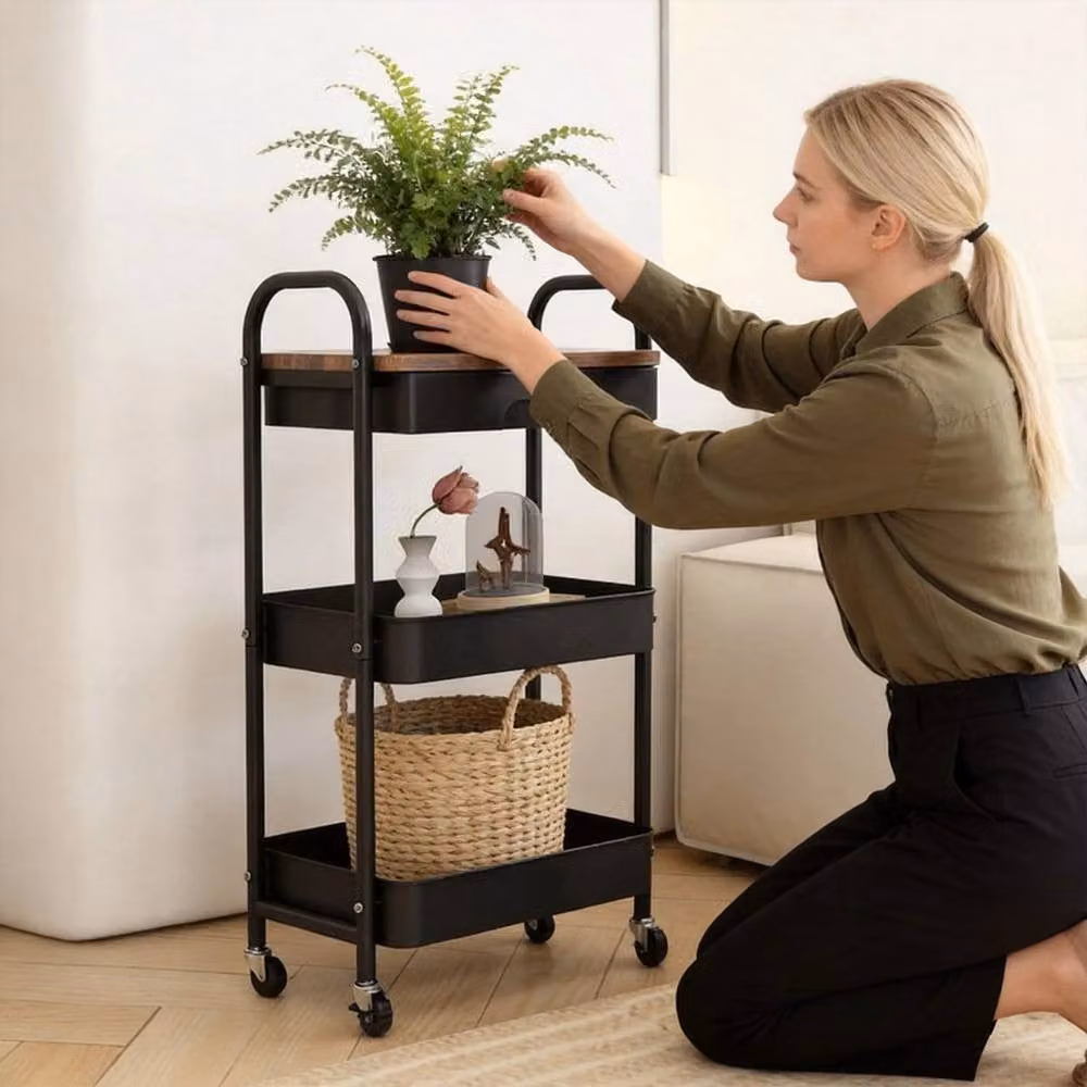KORVIXA Utility Rolling Storage Trolley Cart with Drawer, Black, W: 100 cm, D: 100 cm, H: 22.5 cm – 5