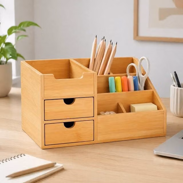 STILVORA Bamboo Desk Organiser with 7 Compartments and 2 Drawers in Brown and Sand