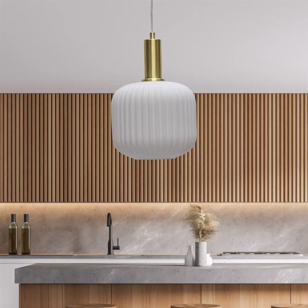 First Choice Lighting Bento Set of 2 Suspended Pendant Lights with White Ribbed Glass and Satin Brass Finish – 2