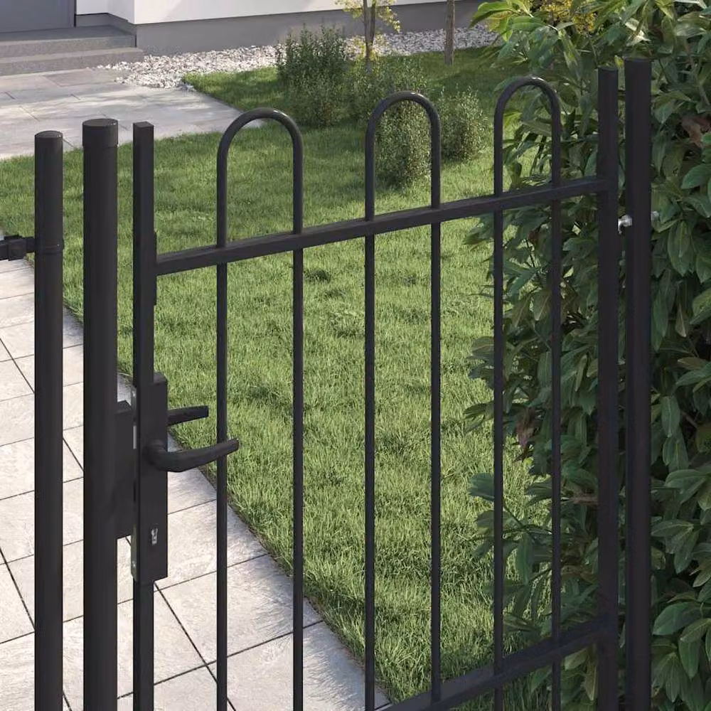 Berkfield Home Single Door Arched Top Steel Fence Gate, Black, W: 1.5 m, H: 1.0 m – 3