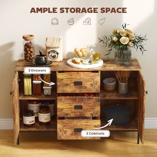 HOMCOM Rustic Brown Sideboard and Kitchen Cabinet, W: 120 cm, D: 39.5 cm, H: 77 cm – 4