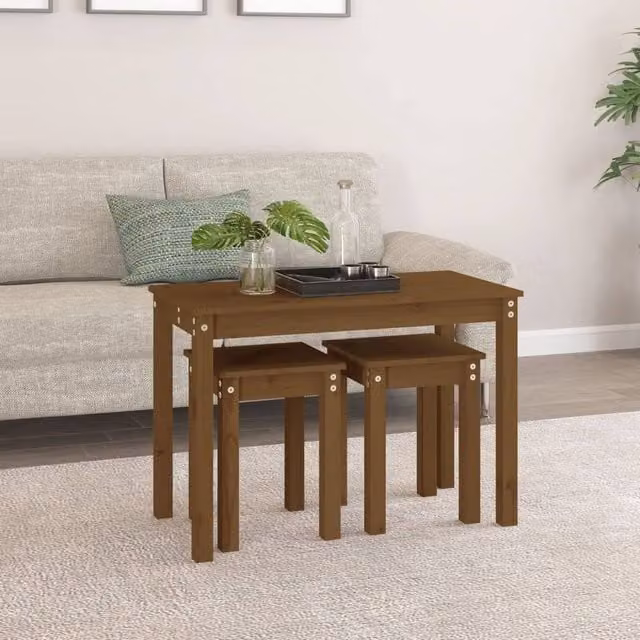 Berkfield Home Nesting Tables, 3 Piece Set in Honey Brown Solid Pine Wood, W/D/H: 55 x 40 x 40 cm, 40 x 40 x 40 cm and 40 x 40 x 40 cm – 1