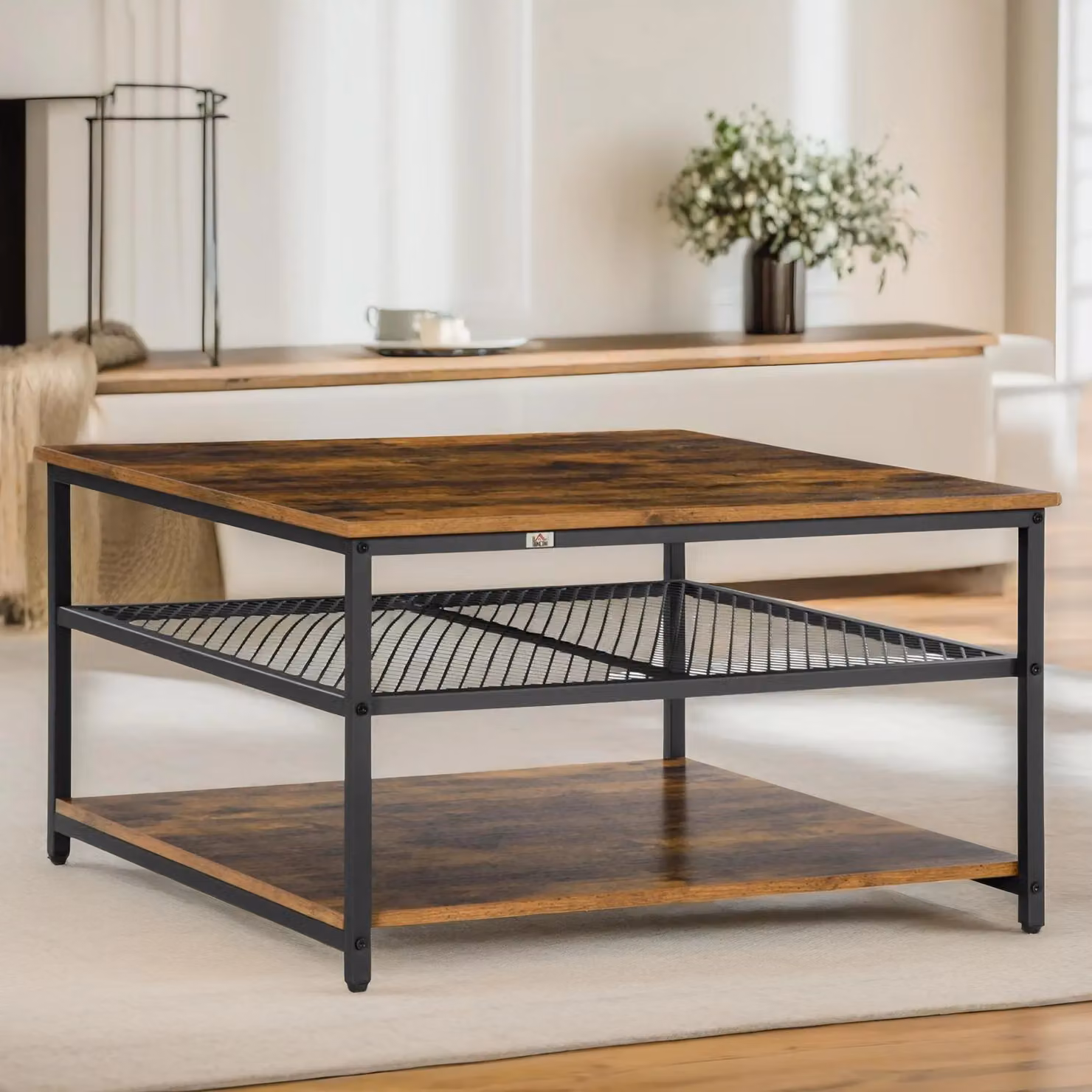 Pirlo Plush 3 Tier Industrial Coffee Table in Brown and Black, W/D/H: 80 x 80 x 45 cm – 2
