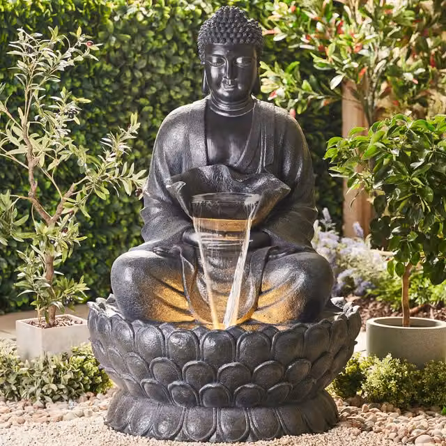 Serenity Extra Large Buddha on a Lotus Flower Grey Plastic Cascade Water Feature