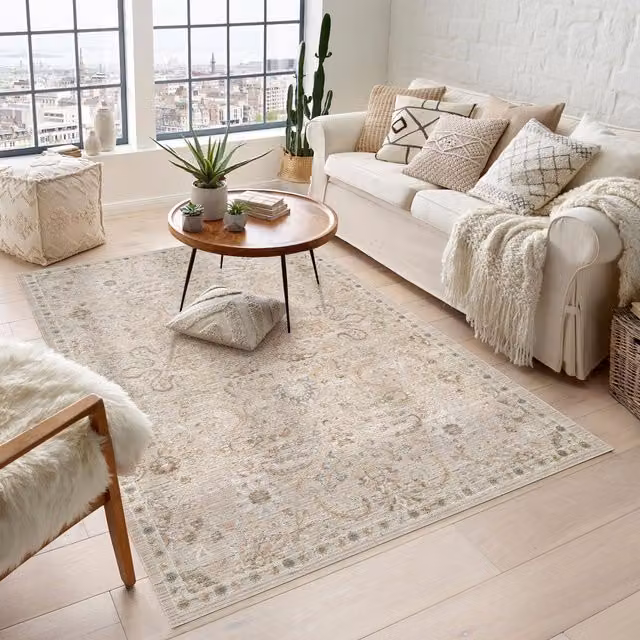 Desire Rugs Maia Washable Floral Traditional Non-Slip Area Rug in Beige, W: 120 cm, L: 180 cm