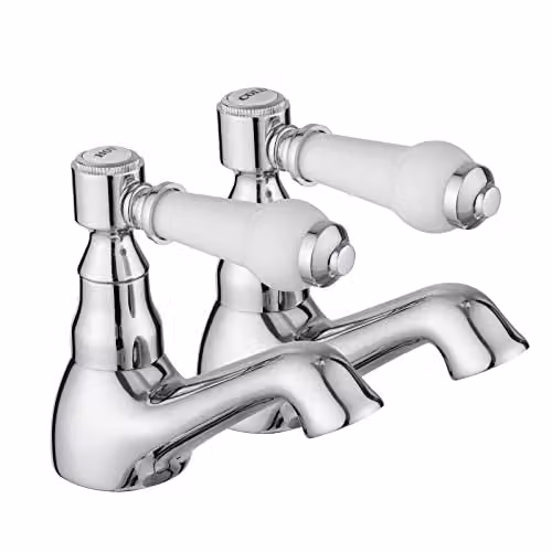 JASSFERRY Pair of Chrome Basin Pillar Taps with White Ceramic Lever Handles for Hot and Cold Water