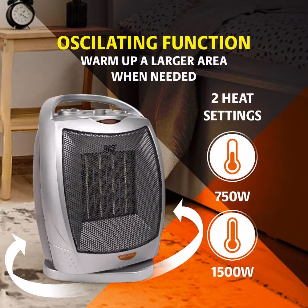 Bergstrom Silver Ceramic Fan Heater with Oscillation and Thermostat Control – 4