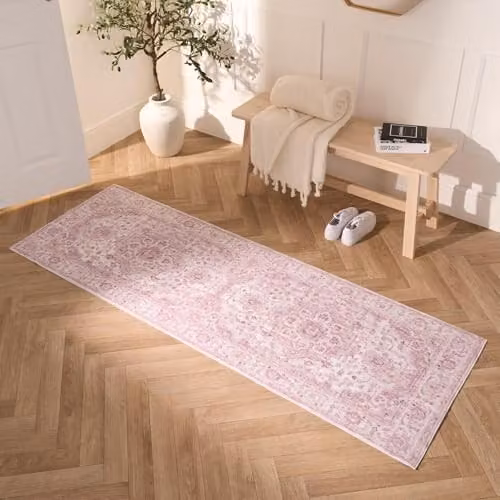 OHS Vintage Print Washable Non-Slip Runner Rug for Hallways, Kitchens and Living Rooms, Pink, W: 66 cm, L: 200 cm