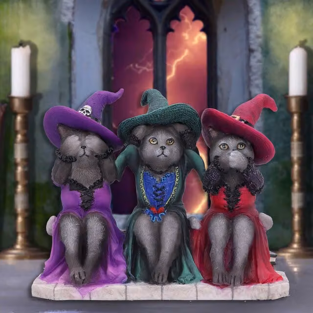 Nemesis Now Three Wise Witchy Kittys Multicolour Ceramic Halloween Tabletop Ornament, Height: 15.3 cm