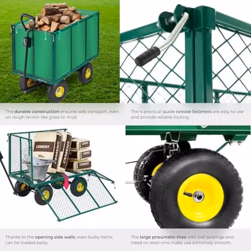 tectake Garden Trolley with Quick-Release Folding Sides, Removable Inner Lining and Pneumatic Tyres, Green – 5