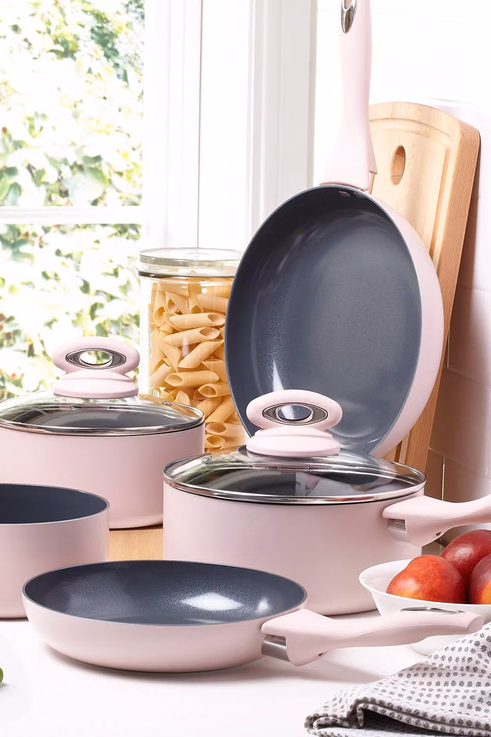Cermalon 5-Piece Pink Ceramic Cookware Set with Grey Non-Stick Coating including Frying Pans and Saucepans – 4