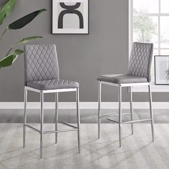 FurnitureboxUK Set of 2 Milan Hatched Faux Leather Padded Counter Stools with Silver Chrome Metal Legs in Grey – 1