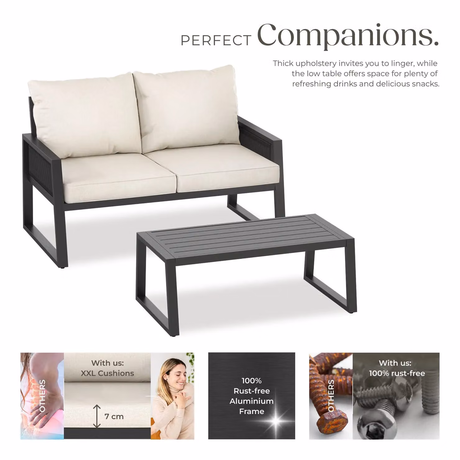 tectake Captive 2-Seater Garden Lounge Set with Coffee Table in Anthracite Grey, Powder Coated Aluminium and Cord Design – 3
