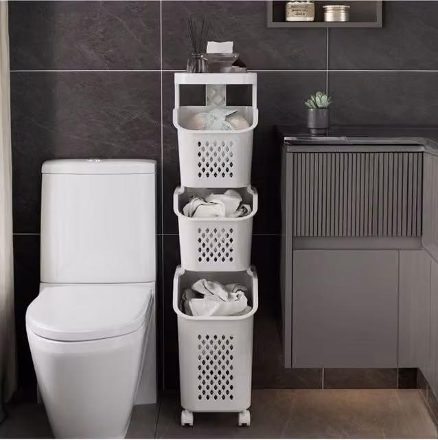 H&O Direct 3-Tier Plastic Laundry Basket Storage Rack with Casters, White
