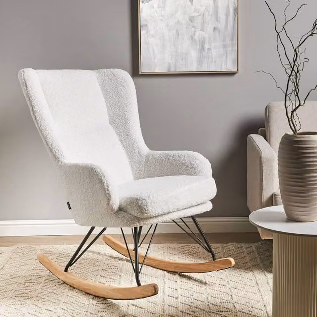 Wyld and Coco Luoma Off-White Boucle Rocking Chair with Black Metal Legs