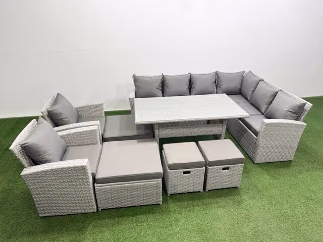 Fimous 12 Seater Rattan Garden Furniture Set with Corner Sofa and Dining Table in Light Grey