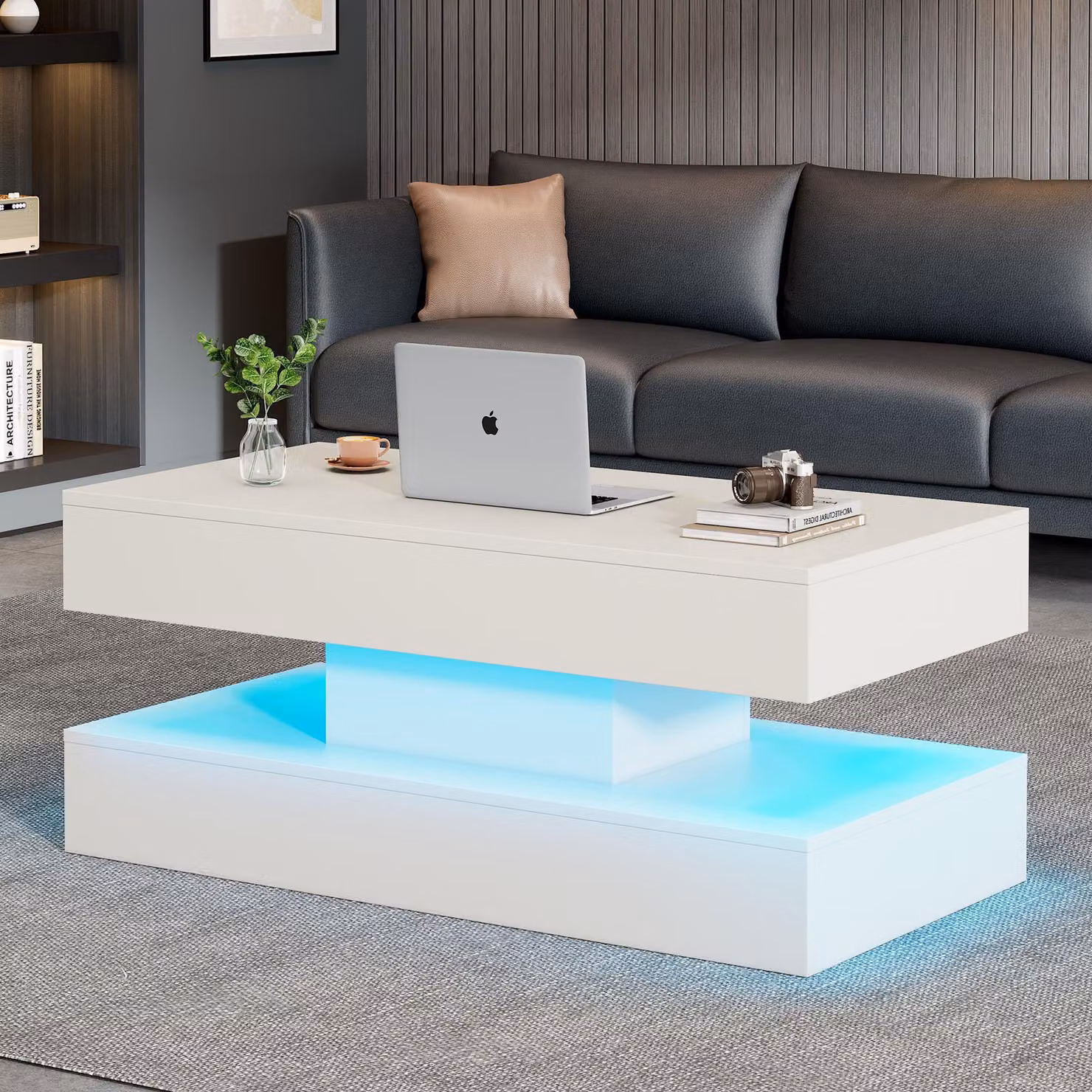 Aosom UK Modern White Coffee Table with Bluetooth-Controlled LED Lighting and Lift-Up Hidden Storage, W: 100 cm, D: 50 cm, H: 42 cm – 4