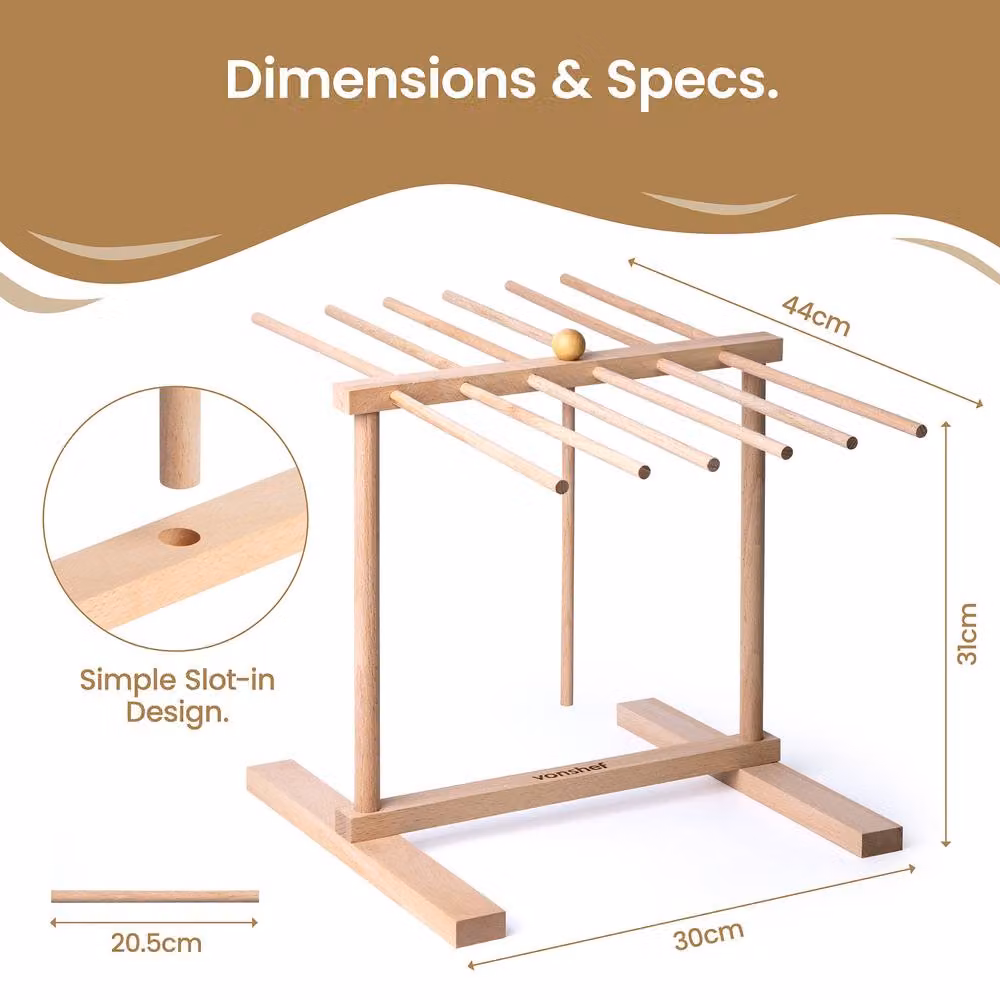 VonShef Collapsible Beechwood Pasta Drying Stand with 12 Arms in Natural Wood – 4