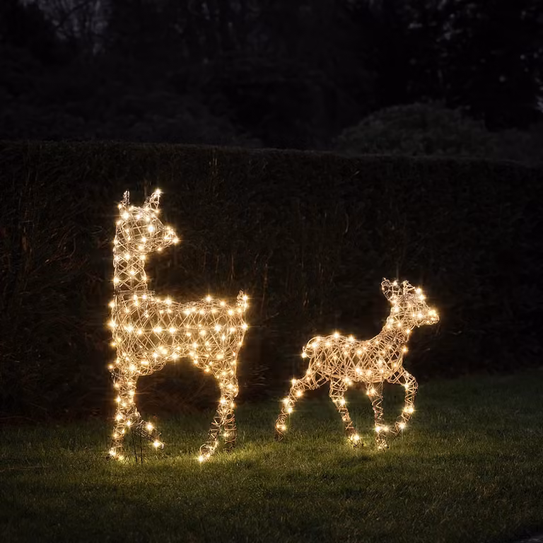 Lights4fun Dual LED Studley Doe and Fawn Light Up Reindeer Duo in White