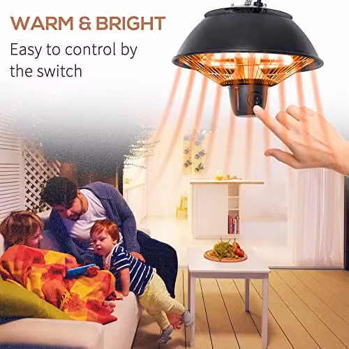Outsunny 600W Ceiling Hanging Halogen Electric Heater with Adjustable Hook Chain, Black Aluminium Frame – 3