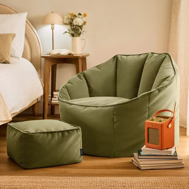 ICON Sirena Scallop Velvet Accent Chair and Footstool Bundle in Olive Green