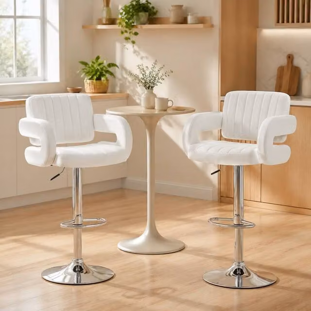STILVORA Set of 2 White Swivel Bar Stools with Armrests and Synthetic Leather Upholstery