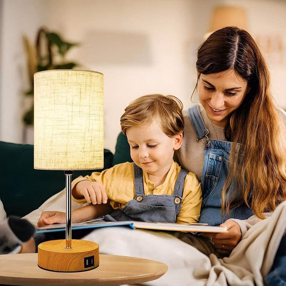 Kelvenix Touch Control Dimmable LED Bedside Table Lamp in Beige with Wood and Fabric Finish – 4