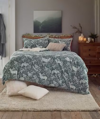 Deyongs Woodland Folk Printed Cotton Rich Duvet Cover and Pillowcase Set with Graphic Animal Design in Grey or Green, W: 140 cm, L: 200 cm