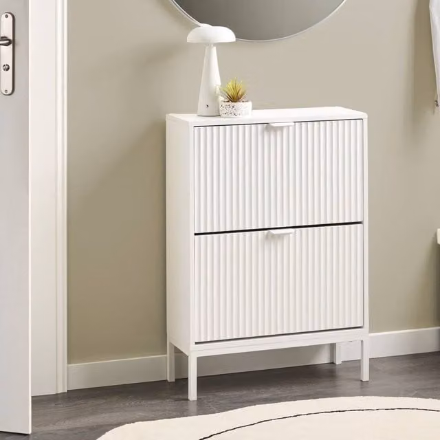 Wyld and Coco White Fluted Shoe Cabinet with 2 Tilting Compartments, W/D/H: 60 x 24 x 85 cm