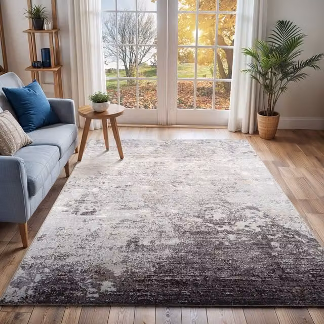 Livabliss Wanderlust Abstract Modern Marble Rug in Grey, Blue and Silver, W/D/H: 200 x 200 x 1 cm