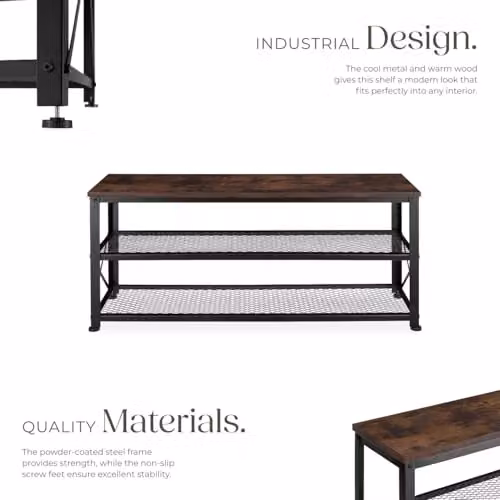 tectake 3-Tier Industrial Shoe Rack with Wood-Look Top Shelf and 2 Grid Shelves, Black W/D/H: 101 x 30.5 x 45.5 cm – 3