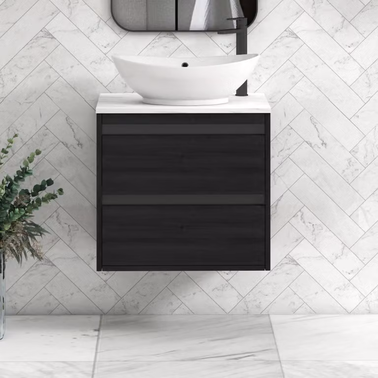 Royal Bathrooms Orion 600mm Wall Hung Vanity Unit with Amaze Basin and 2 Drawers in Hale Black and Carrara White