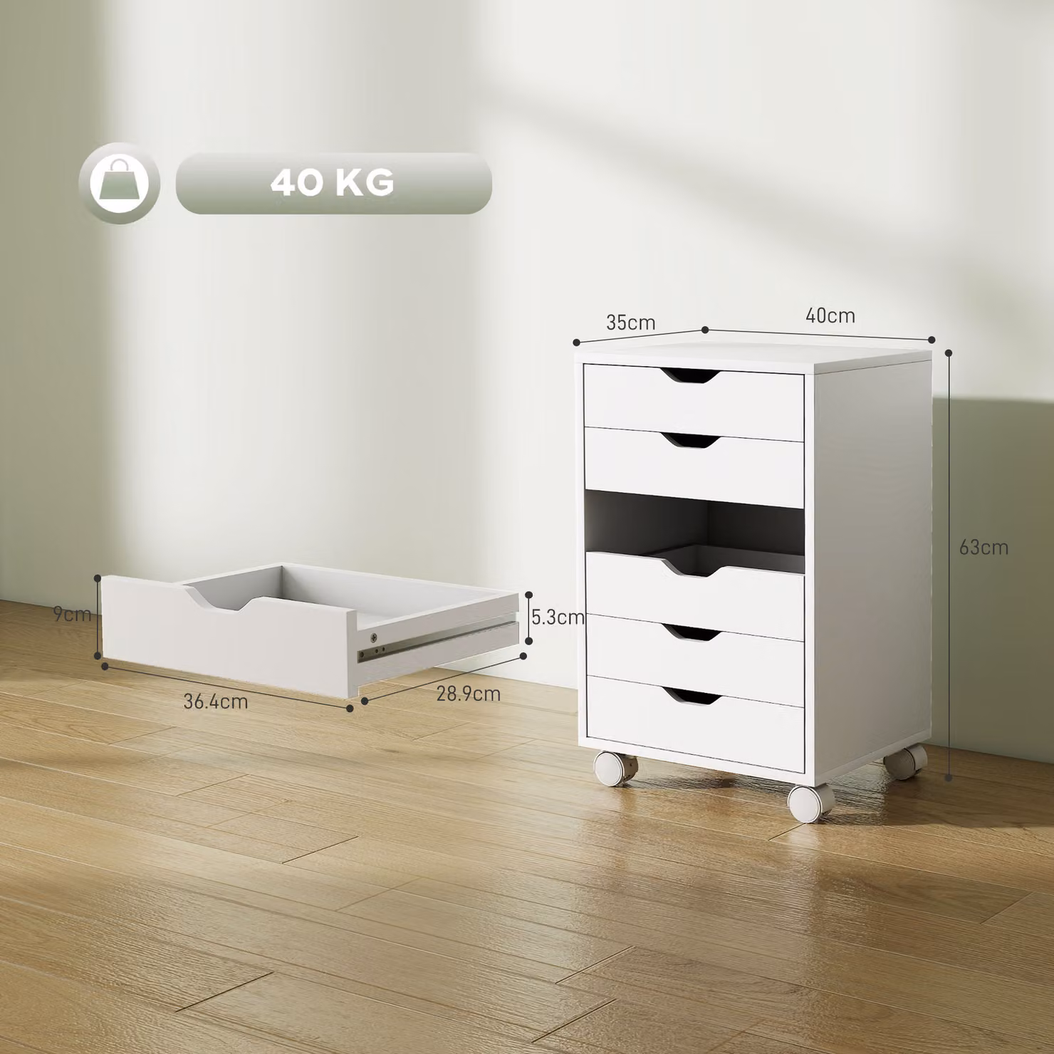 HOMCOM 6 Drawer Mobile Vertical File Cabinet with Lock and Castors, White – 3