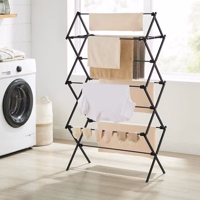 SONGMICS Foldable Compact Clothes Drying Rack with Steel Frame in Black