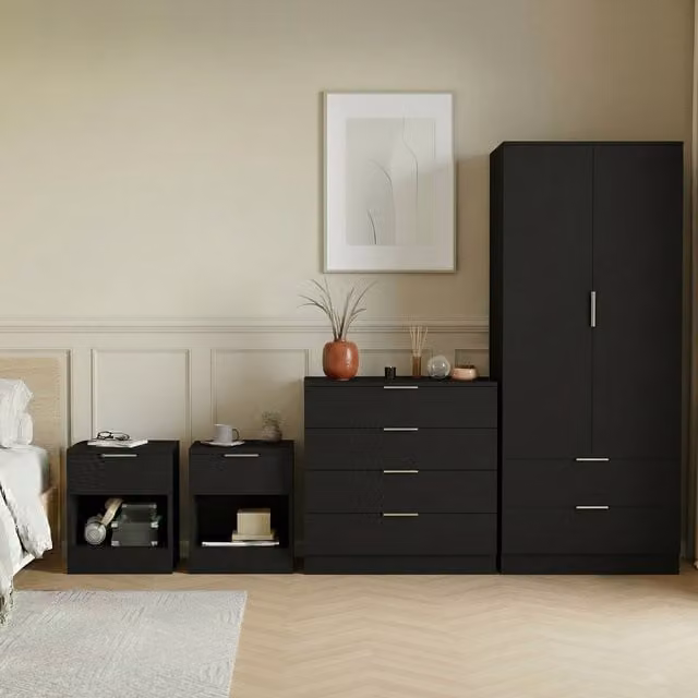 Vida Designs Trega 4 Piece Modern Black Bedroom Set including 2 Bedside Chests, 1 Chest of Drawers and 1 Wardrobe