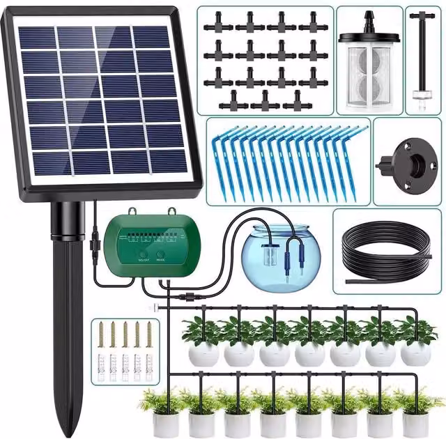 NESTLUNE Solar Drip Irrigation System with Timer, Black, 50ft – 1