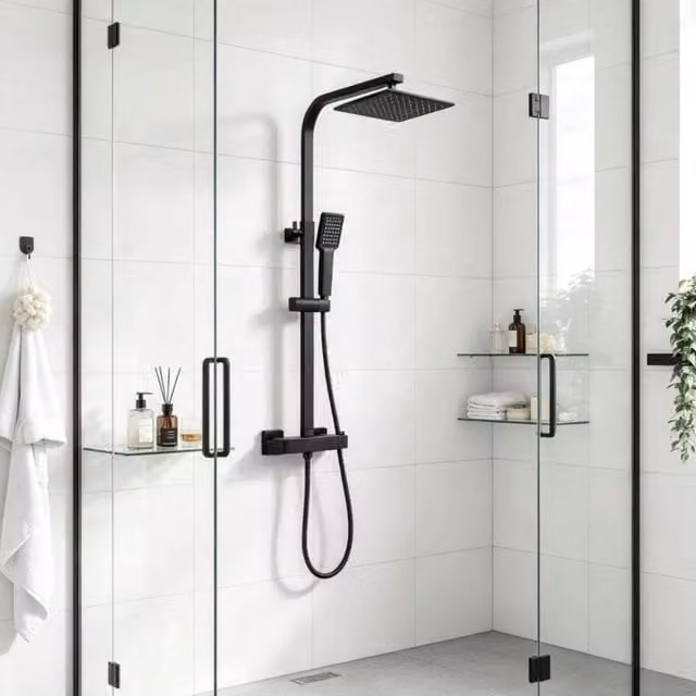 PAWNORA Thermostatic Dual Exposed Shower Mixer Set with Single Lever in Matt Black