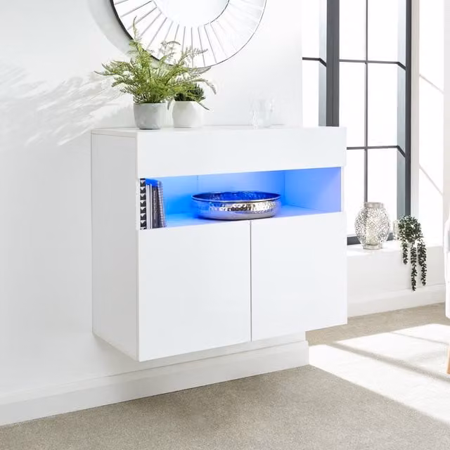 GFW Galicia Modern Wall Mounted Sideboard with Integrated LED Lighting in White Glossy Finish