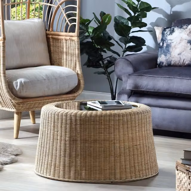 Desser Round Rattan Coffee Table with Glass Top in Beige