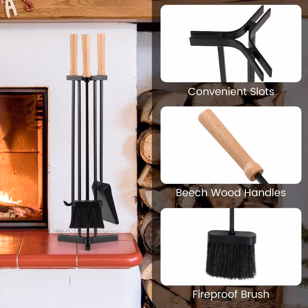 Gymax 4 Piece Heavy-Duty Metal Fireplace Tools Set with Poker in Black – 4