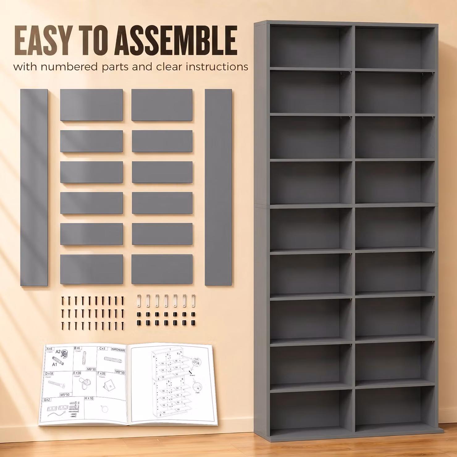 HOMCOM 640 CD Storage Tower in Grey with Adjustable Shelves and Media Compartments – 6