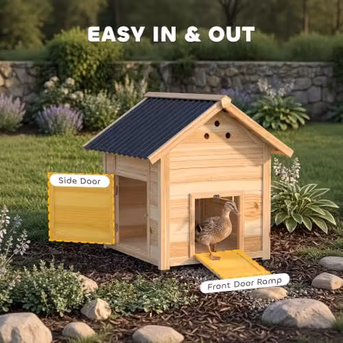 PawHut Wooden Duck House and Chicken Coop with Double Doors in Brown Rustic Finish – 4