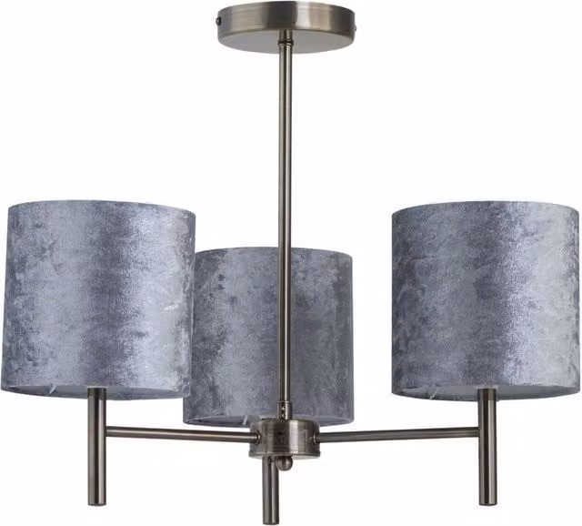First Choice Lighting Brea 3 Light Ceiling Fitting in Antique Brass with Grey Fabric Shades