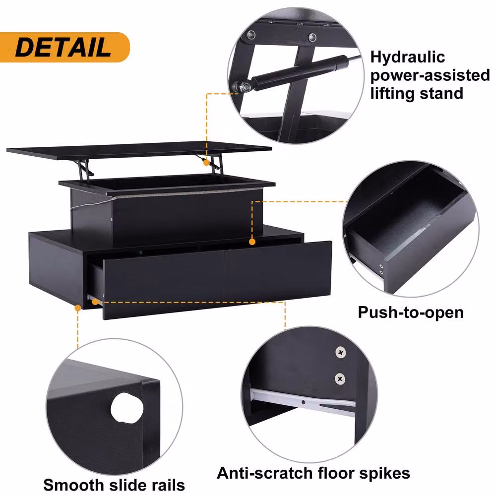 STILVORA Modern Black Glossy Coffee Table with Lift Top, 4 Drawers and Glass Panel Side – 5