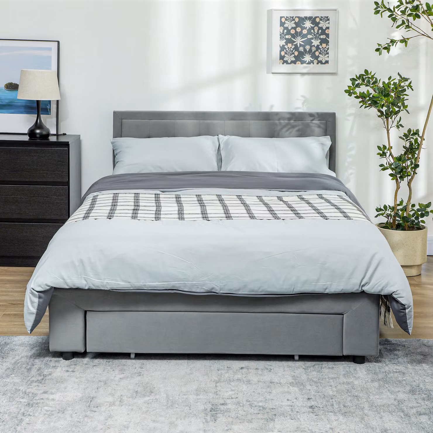 HOMCOM Double Size Grey Velvet Ottoman Bed Frame with Lift-Up Base and Front Drawer, W: 140 cm, D: 200 cm, H: 193.5 cm – 2