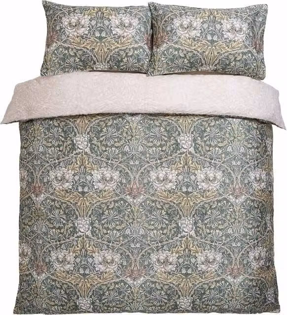 William Morris At Home Set of 2 Reversible Floral Honeysuckle and Tulip Cotton Pillowcases in Green Mix