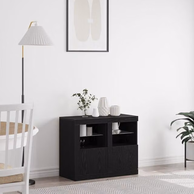 Berkfield Home Side Cabinets with Integrated LED Lights, Black Oak, Set of 2, W: 41 cm, D: 37 cm, H: 67 cm – 1
